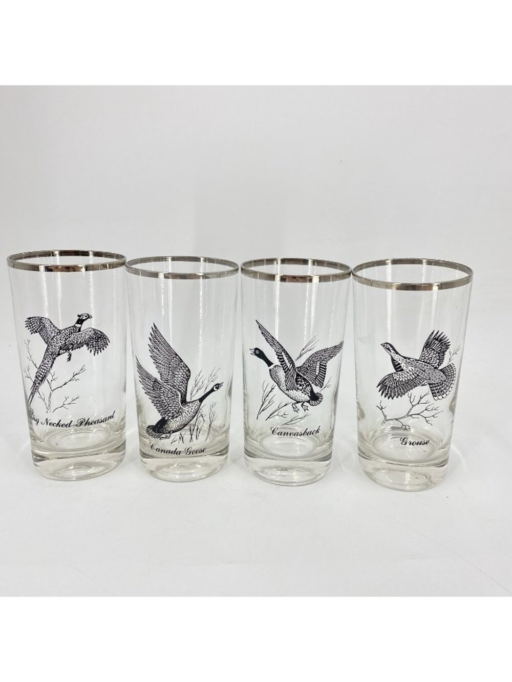 Lot 4 Richard Bishop Game Birds Waterfowl HighBall Glasses Silver Rim Vtg